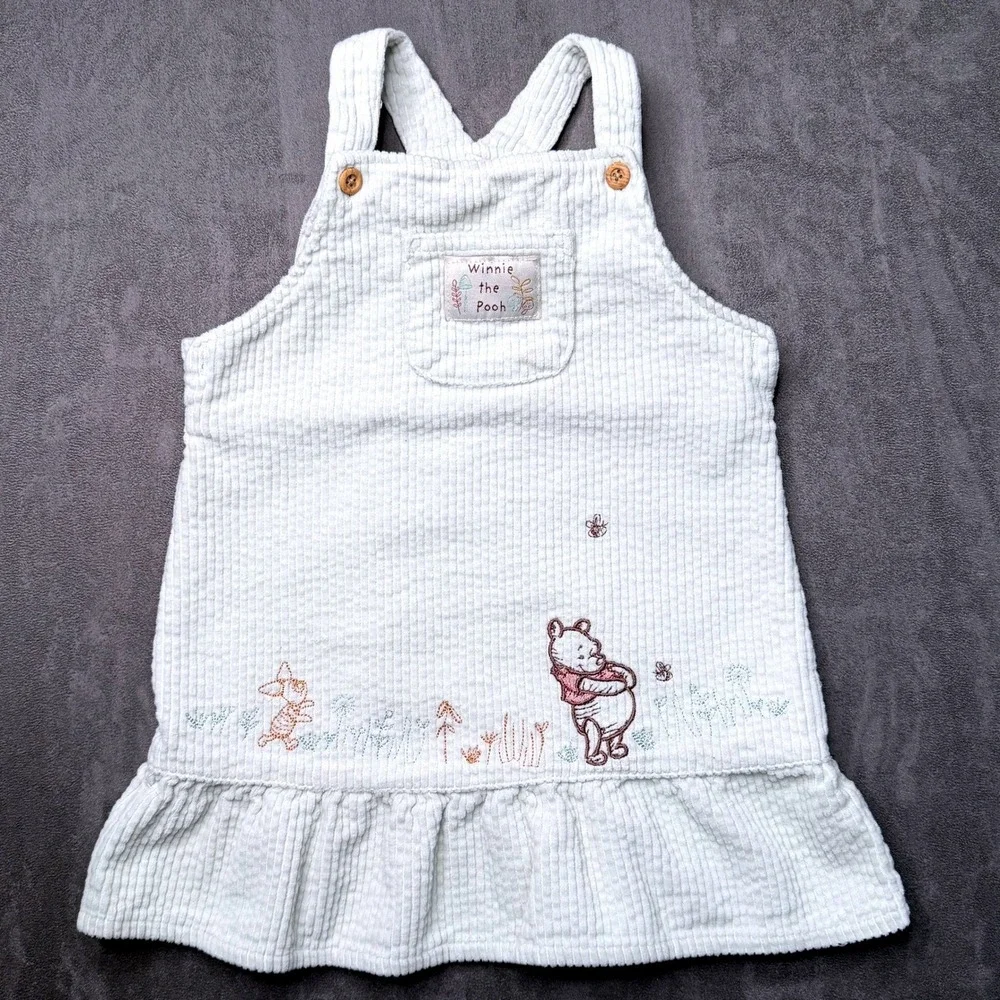 Vtg Disney Winnie the Pooh Dress Girls Baby 18-24M Sage Green Corduroy Y2K